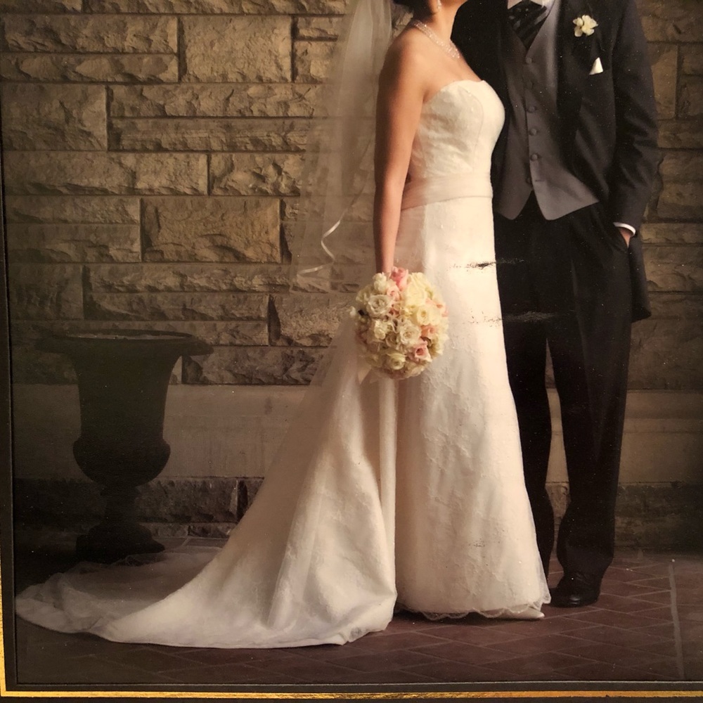 Wedding dress - Lace, white and pink, strapless, train/bustle